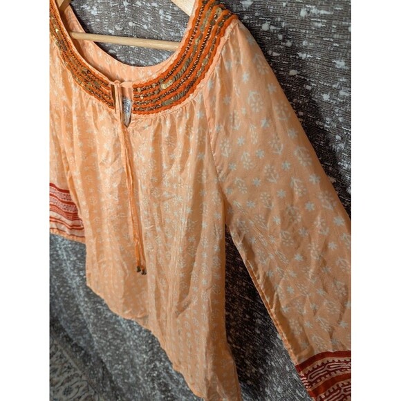 Irving & Fine Lucky Brand Beaded Orange Floral Silk Blouse Women's Small - Picture 3 of 9